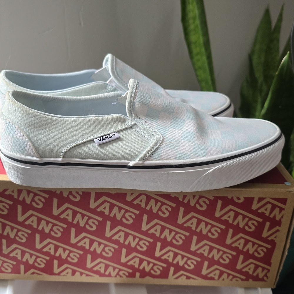 Vans Classic Slip-On Checkerboard in Pastel Blue and White